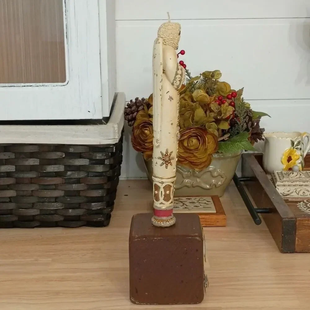 Vintage Carved Winter Angel Candle on Wooden Candlestick Holder Decoration